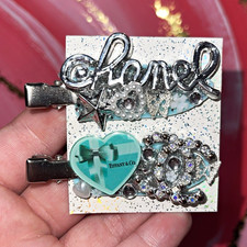 2pc Silver/Blue Embellished Heart Charm Hair Clips Set Metal/Plastic Women