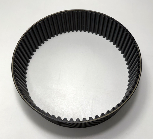 Black GATES 14MGT-994-90 poly chain belt with wide ribbed groove pattern, USA made, in clear packaging.
