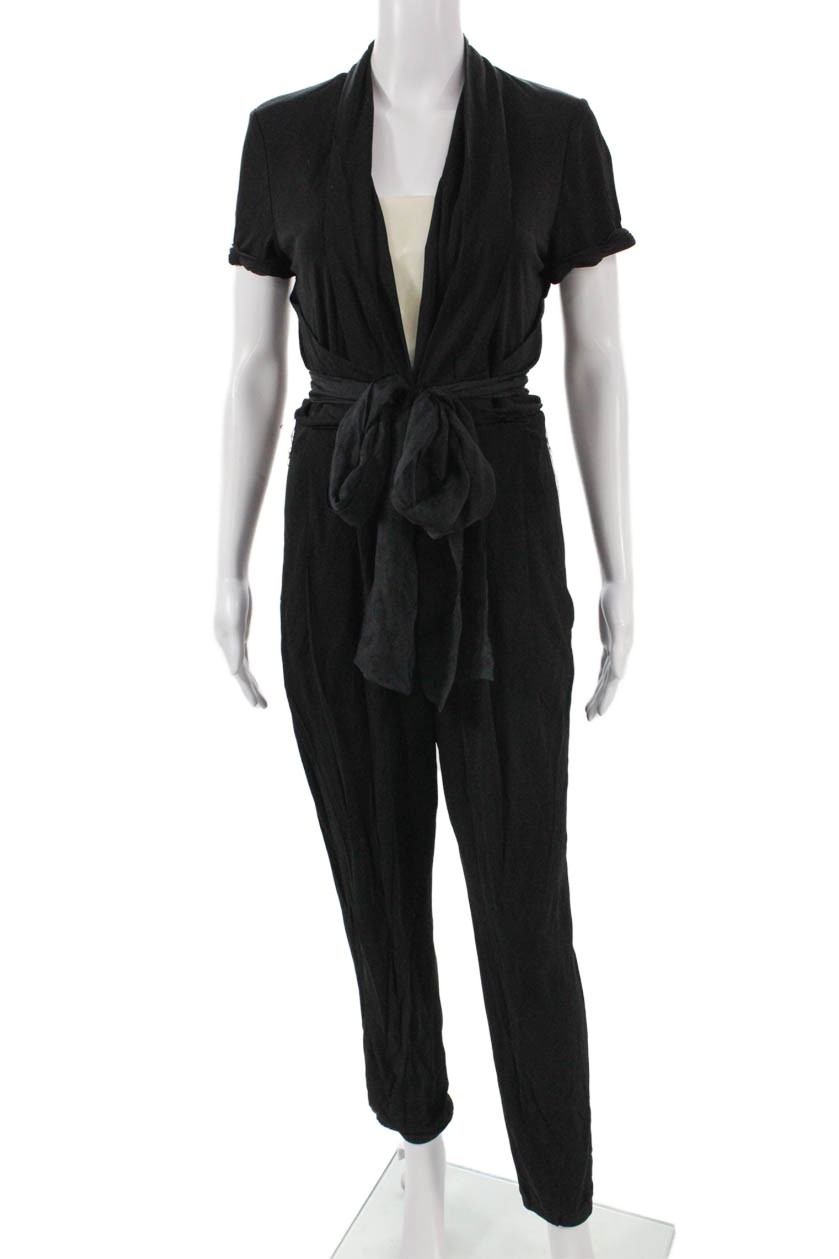 Elie Tahari Women Black V-Neck Short Sleeve Jumpsuit Tie Viscose Size 4Free Shipping in US $100+ Orders | $6.95 Orders Below