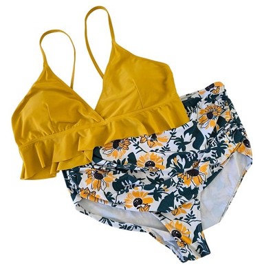 StarTreene 2 Piece One Shoulder Ruffle Bikini Set Floral Yellow Womens Size XXL