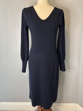 Talbots Navy Blue 100% Merino Wool V Neck Sweater Knit Sheath Dress Size S