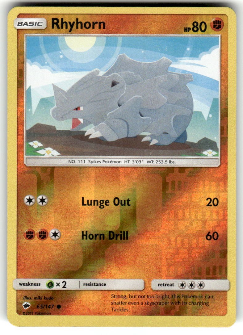 Rhyhorn 2017 Burning Shadows Reverse Holo Pokemon Card 65/147 (NM)