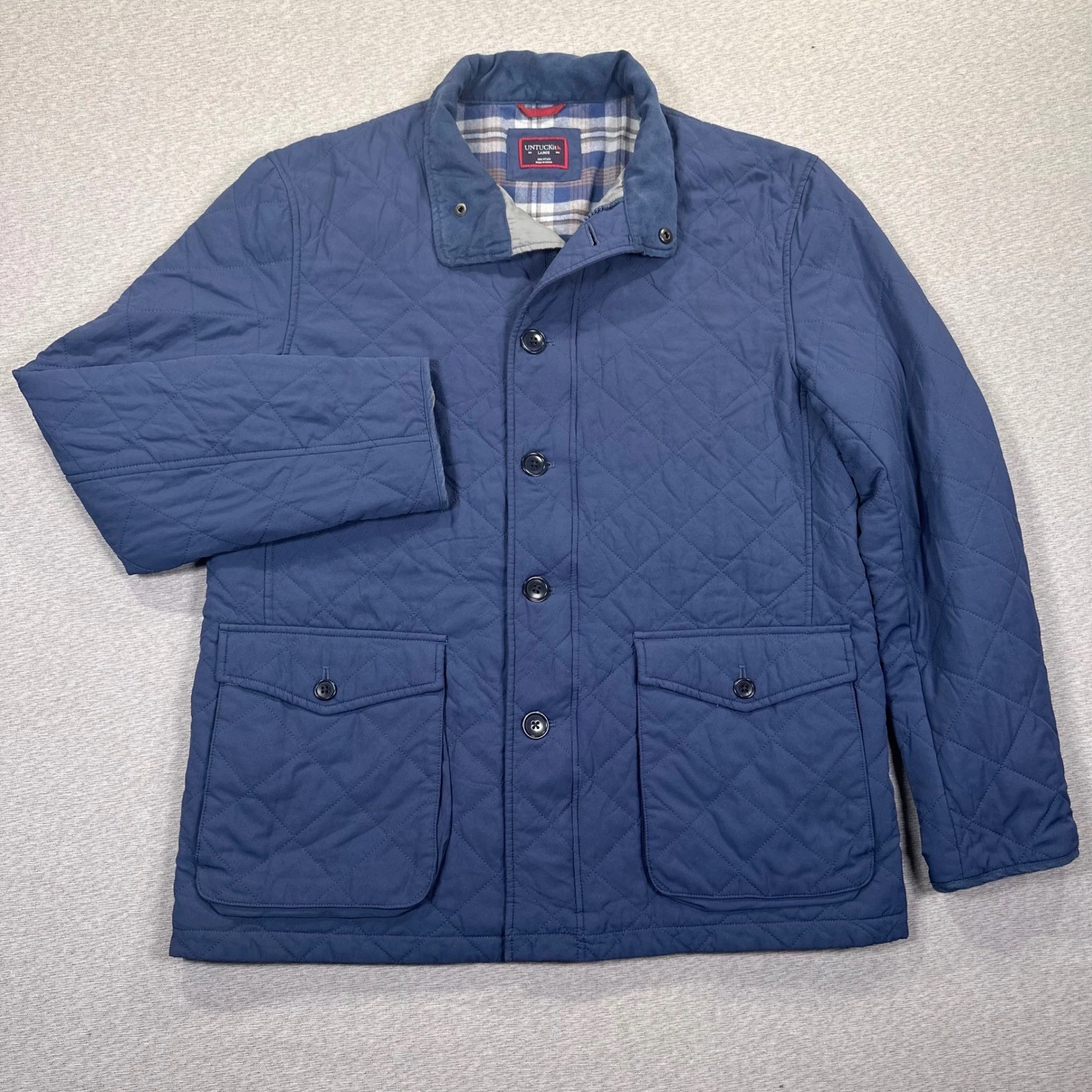 UNTUCKit Quilted Barn Jacket Mens L Navy Blue Plaid Lined Diamond Stitch Nylon