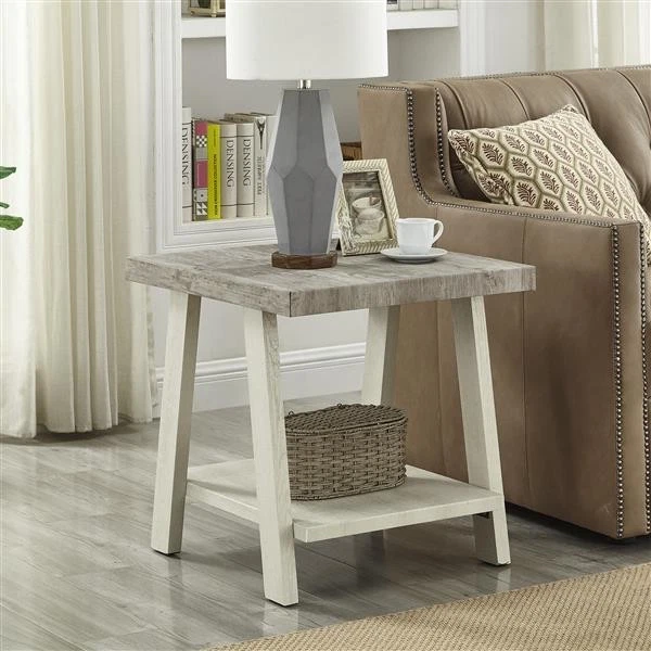Athens Two-Tone End Table | Contemporary Weathered Wood Side Table with Shelf - Image 2 of 4