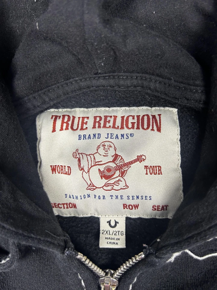 True Religion Hoodie Mens 2XL Black Full Zip Sweatshirt Contrast Stitch Buddha - Image 3 of 4