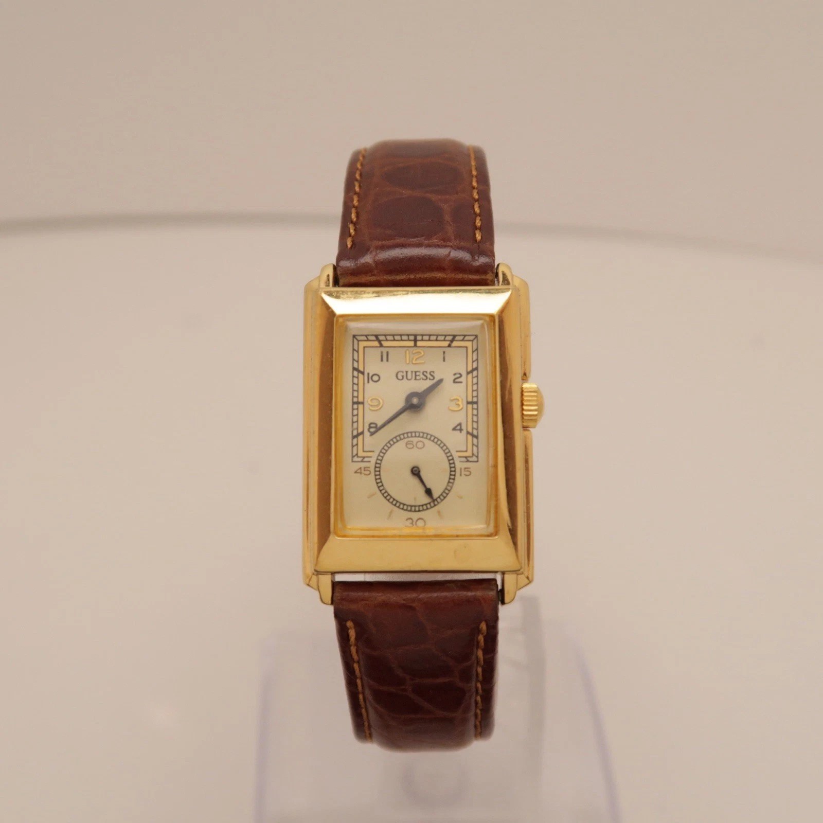GUESS Dress Tank Gold Tone Analog Quartz Vintage Watch W230 *WORKING