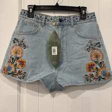 Farm Rio Summer Garden Embroidered Denim Shorts Blue Size 30