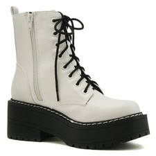 Botas al tobillo blancas con cordones con suela de plataforma de combate para mujer