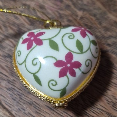 Heart-Shaped Hinged Floral Trinket Box White Pink Green Gold Tone  Hope  Inside