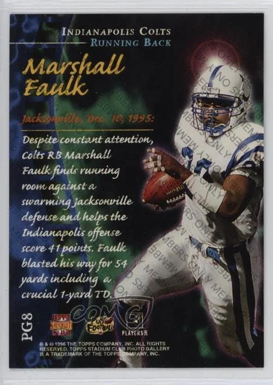 1996 Topps Stadium Club Photo Gallery Members Only Marshall Faulk #PG8 HOF - Image 2 of 2