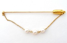 Mikimoto K14 Yellow Gold Pearl Stick Pin 14K Vintage Brooch With 3 Pearls 5mm