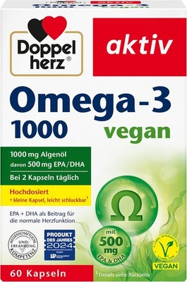 Doppelherz Omega-3 1000 vegan, 60 Kapseln mit EPA & DHA aus Algenöl, hochdosiert