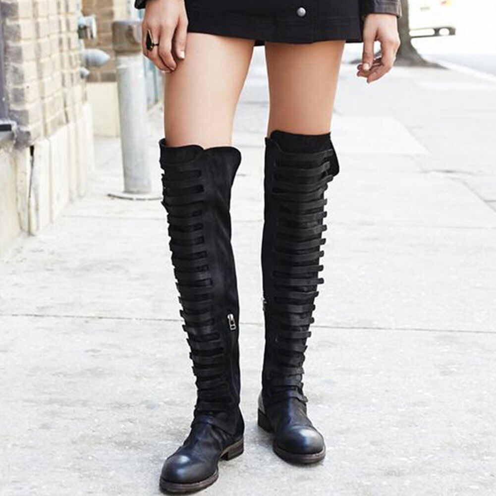 Women's Vintage Suede Over The Knee Boots Round Toe Combat Boots Flat ...