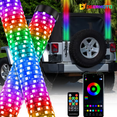 For Jeep Wrangler Rubicon 2PCS 3FT Spiral RGB LED Fat Whip Lights Chase Antenna