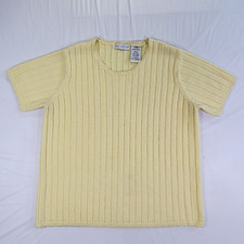 Vintage White Stag Womens Sweater Top Large Ribbed Knit Lemon Yellow Short Sleev