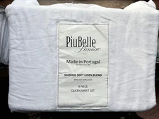 PIUBELLE PREMIERE Washed LINEN Blend Queen Size Sheet Set   |   SOLID WHITE