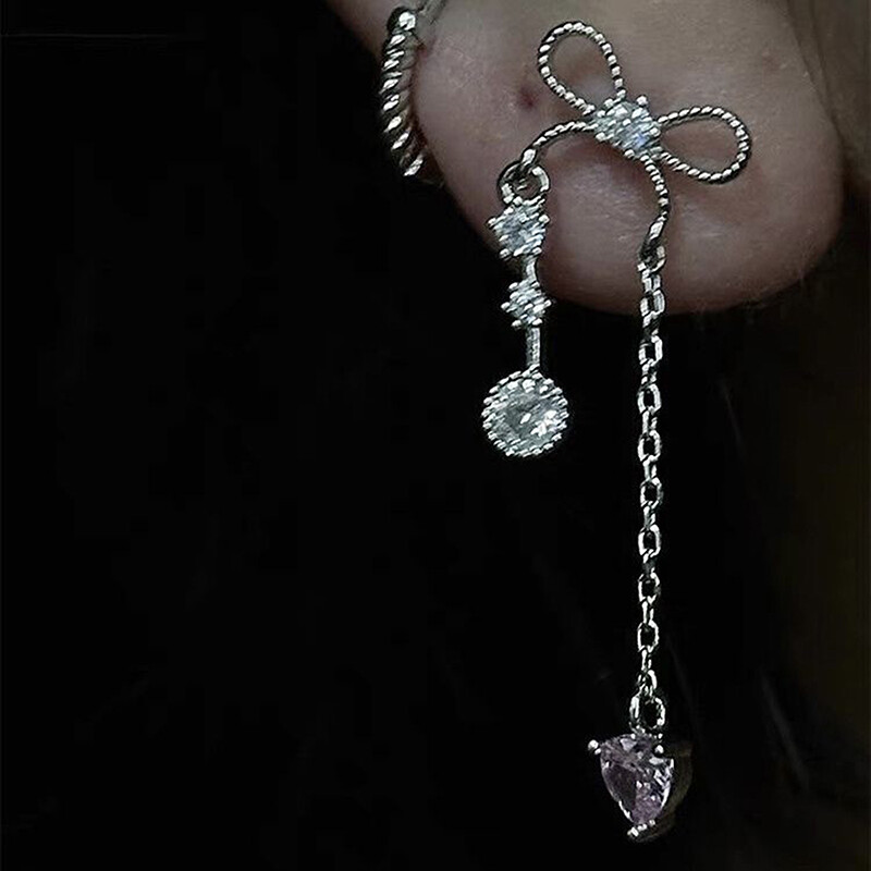 Bowknot Heart Pendant Ear Bone Nail Silver Color Tassels Cochlear Nail Jewelry