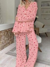 Women's Button Up Pajama Set With Heart Print And Notched Collar