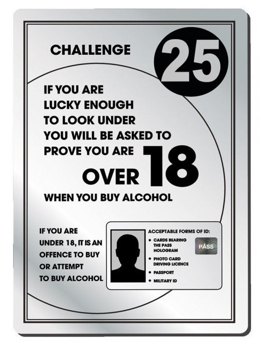 Challenge 25 Alcohol Law Sign Pub Bar Restaurant Licensing Notice Under Age Sign