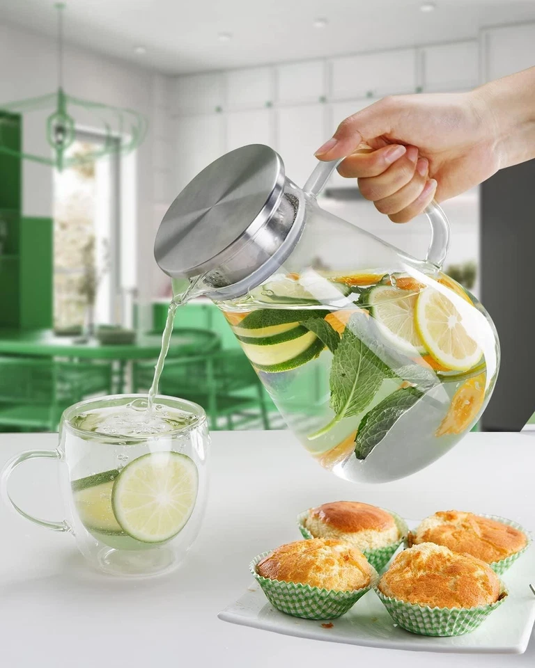 2.2L Glass Water Jug Pitcher Juice Cocktail Tea Carafe with Stainless Steel Lid - Image 3 of 4