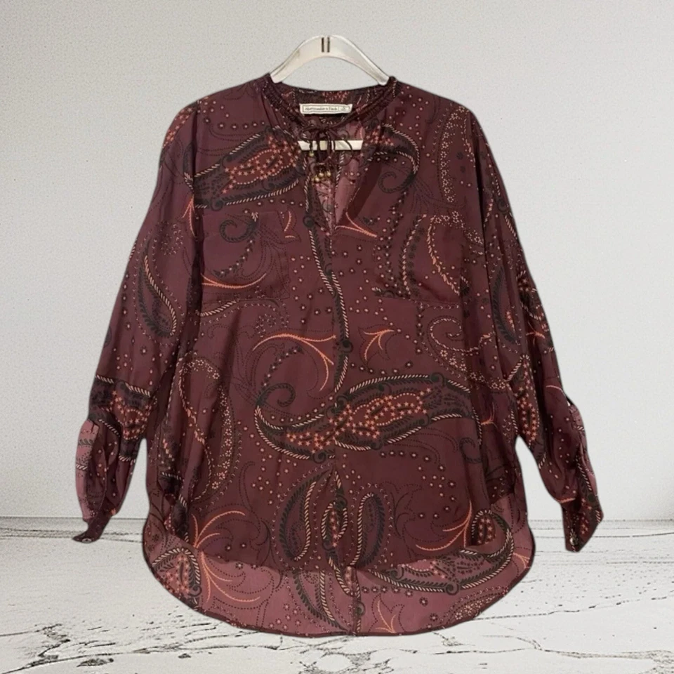 Abercrombie & Fitch Women’s Oversized Paisley Tunic Top Size Small Tie Neck - Image 2 of 4