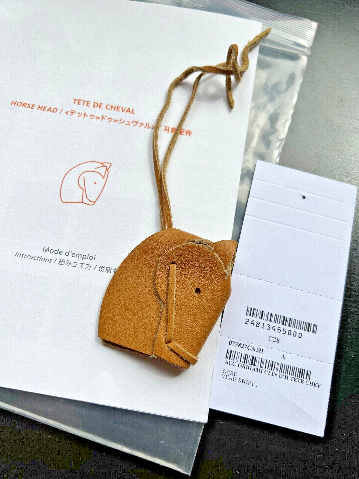 Hermes Brique Origami Swift Leather Horse Head Bag Charm New!