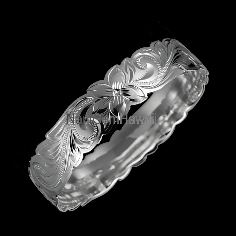 Hawaiian Plumeria Scroll Sterling Silver Cut-Out Bangle Bracelet-image