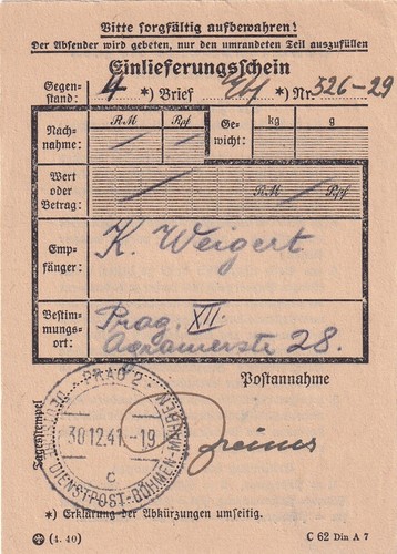 1941 PROTECTORAT B+M DIENSTPOST Einlieferungsschein für 4 R-Briefen RARE