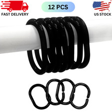 12 Black Plastic Shower Curtain Rings: C-Rings Roller Hangers for Bathroom