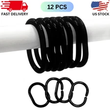 12 Black Plastic Shower Curtain Rings: C-Rings Roller Hangers for Bathroom