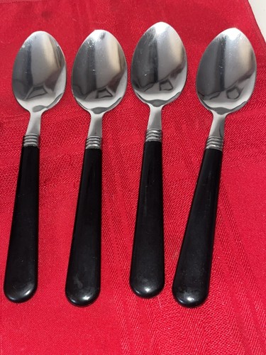 8 PC BLACK PLASTIC HANDLED STAINLESS FLATWARE SET 4 FORKS 4 SPOONS & CHIP CLIP - Picture 3 of 12