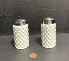 Vintage Fenton White Milk Glass Hobnail Salt & Pepper Shakers Silver Chrome Lid