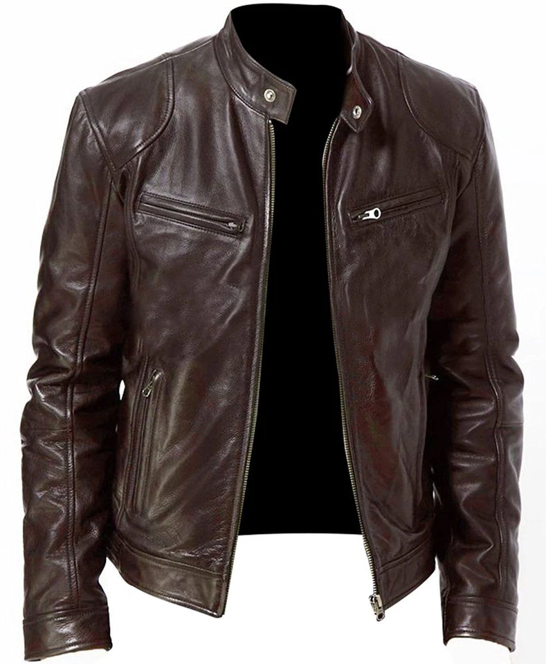 Cafe Racer Biker Leather Jacket  Black & Brown Soft Sheep Skin Leather  - Image 3 of 4