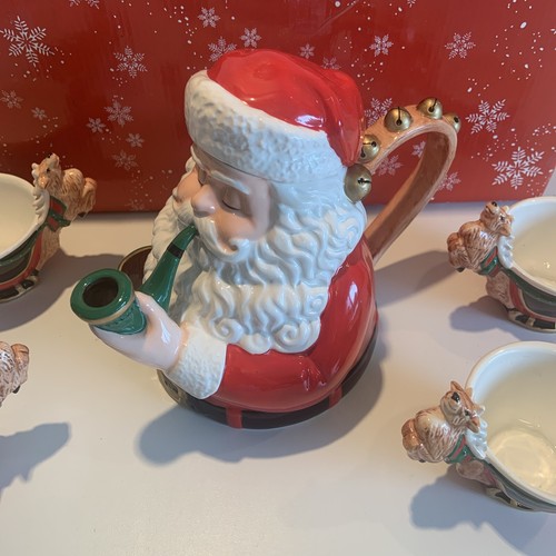 Dept 56 JOLLY ST. NICK CHRISTMAS TEA SET 4 Reindeer Cups Santa Handpainted 13320 - Picture 5 of 10