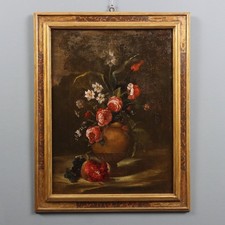 Dipinto Antico Natura Morta con Fiori e Frutta Olio su Tela '700 Originale