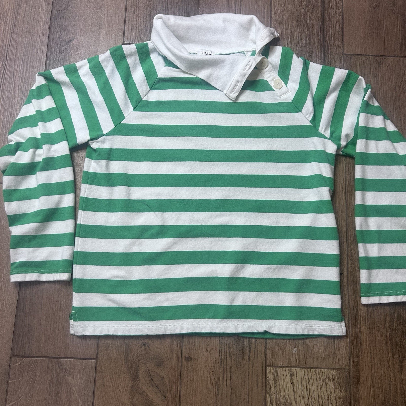 J Crew  Women’s Wide Striped Top Green Funnel Neck Lightweight Sweatshirt Size S