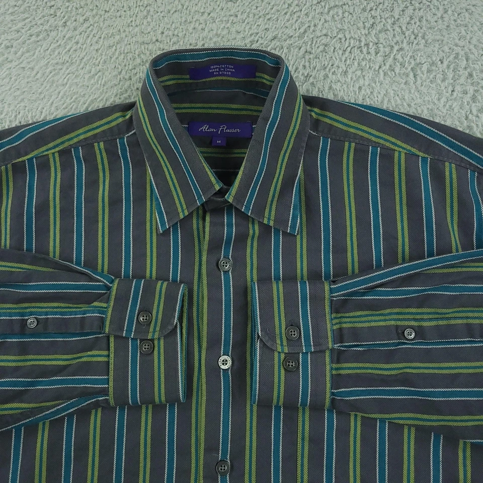 Alan Flusser 衬衫男式中号灰色绿色蓝色条纹纽扣前长袖 — 第 2/4 张图片