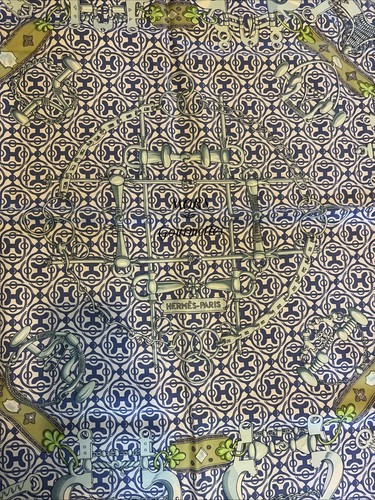 NWT Hermes 100% Silk Carre 90 Twill Mors Et Gourmettes Remix Blue Green White