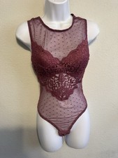 Women  s Small Lace Teddy Bodysuit Thong in Maroon Lace Lightly Padded