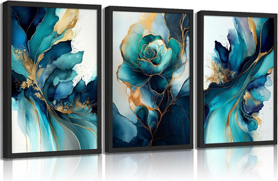 3 Pcs Green Gold Canvas Wall Art Modern Blue Green and Gold Abstract Marble Flui