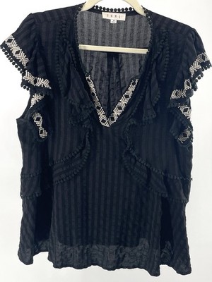 THML Black Embroidered Western Boho Peasant Blouse Textured Boutique Top Medium