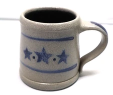 Vtg 1997 ROWE POTTERY WORKS Coffee MUG CUP Blue 3 STARS SALT GLAZED Cambridge WI