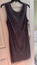 Adrianna Papell Gunmetal Beaded Sheath Dress Geometric Pattern Size 10