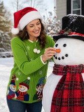 Woman s Ugly Christmas Green Sweater Appliqu d Snowmen Sz L Tiara International
