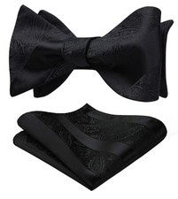 Mens Black Paisley Self-Tie Bow Tie and Pocket Square Set Wedding Formal