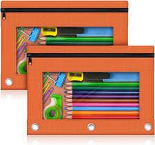 Pencil Pouch for 3 Ring Binder, 2 Pack Pencil Bags with Zipper, Orange Pencil Ca
