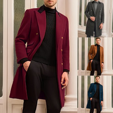 Mens Trench Coat Woolen Blend Double Breasted Long Overcoat Winter Pea Jackets