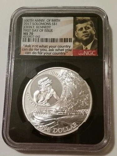 Solomon Islands 2017 1 oz Silver Dollar Kennedy PT-109 MS70 NGC FDI Retro Holder
