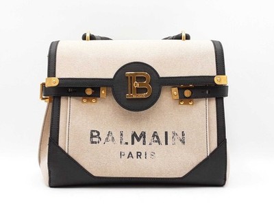 Balmain B-buzz 23 Satchel In Beige Cotton Canvas & Black Leather Fw0925pzxdu