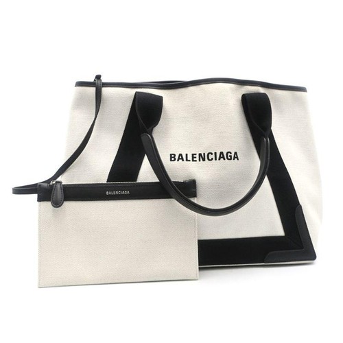 Balenciaga Navy Cabas M White Black Cotton Calfskin Tote Bag Auth
